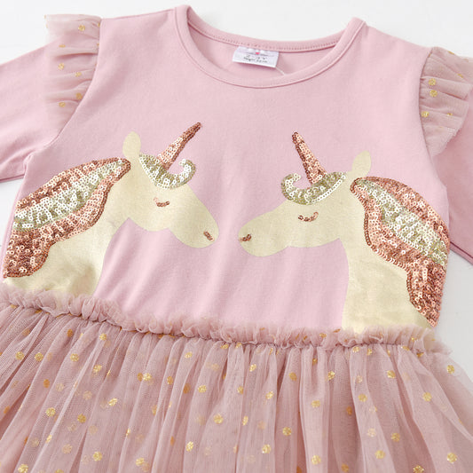 2Y-8Y Double Unicorn Sequins Pink Tutu Dress for Girls Toddler