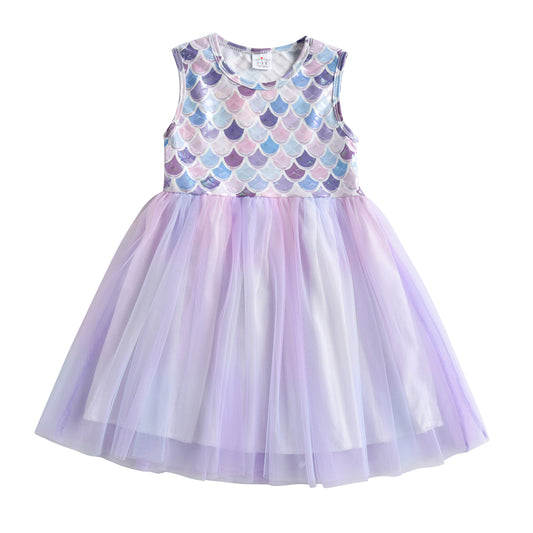 Purple Princess Mermaid Printed Toddler Tutu Girl Dress Sofe Tulle Dress