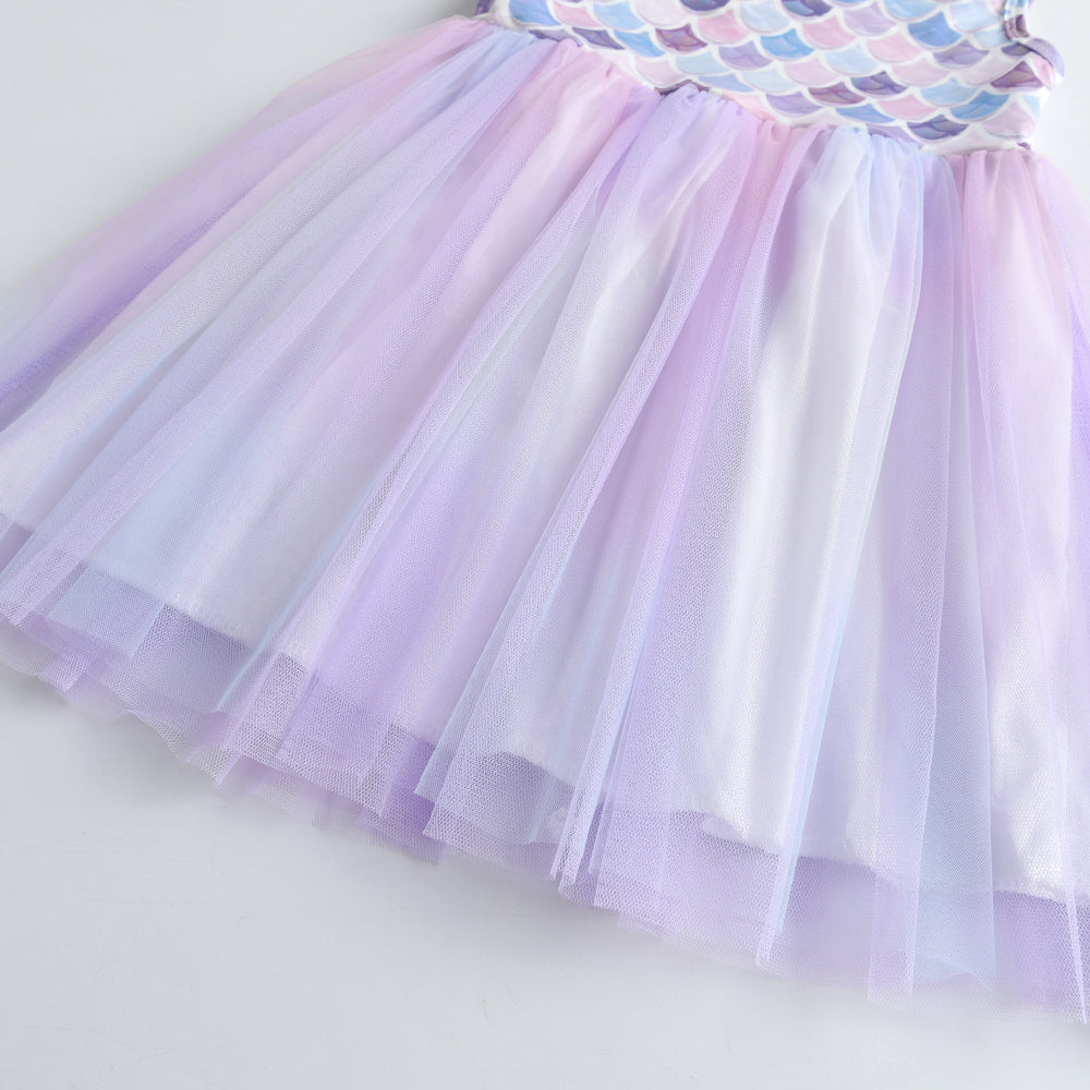 Purple Princess Mermaid Printed Toddler Tutu Girl Dress Sofe Tulle Dress