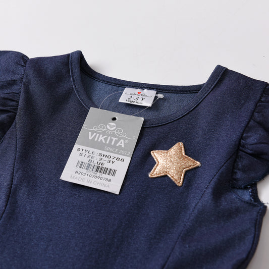 2Y-8Y Vikita Girls Casual Dress Denim Ruffle Short Sleeve Girl Toddler Dress