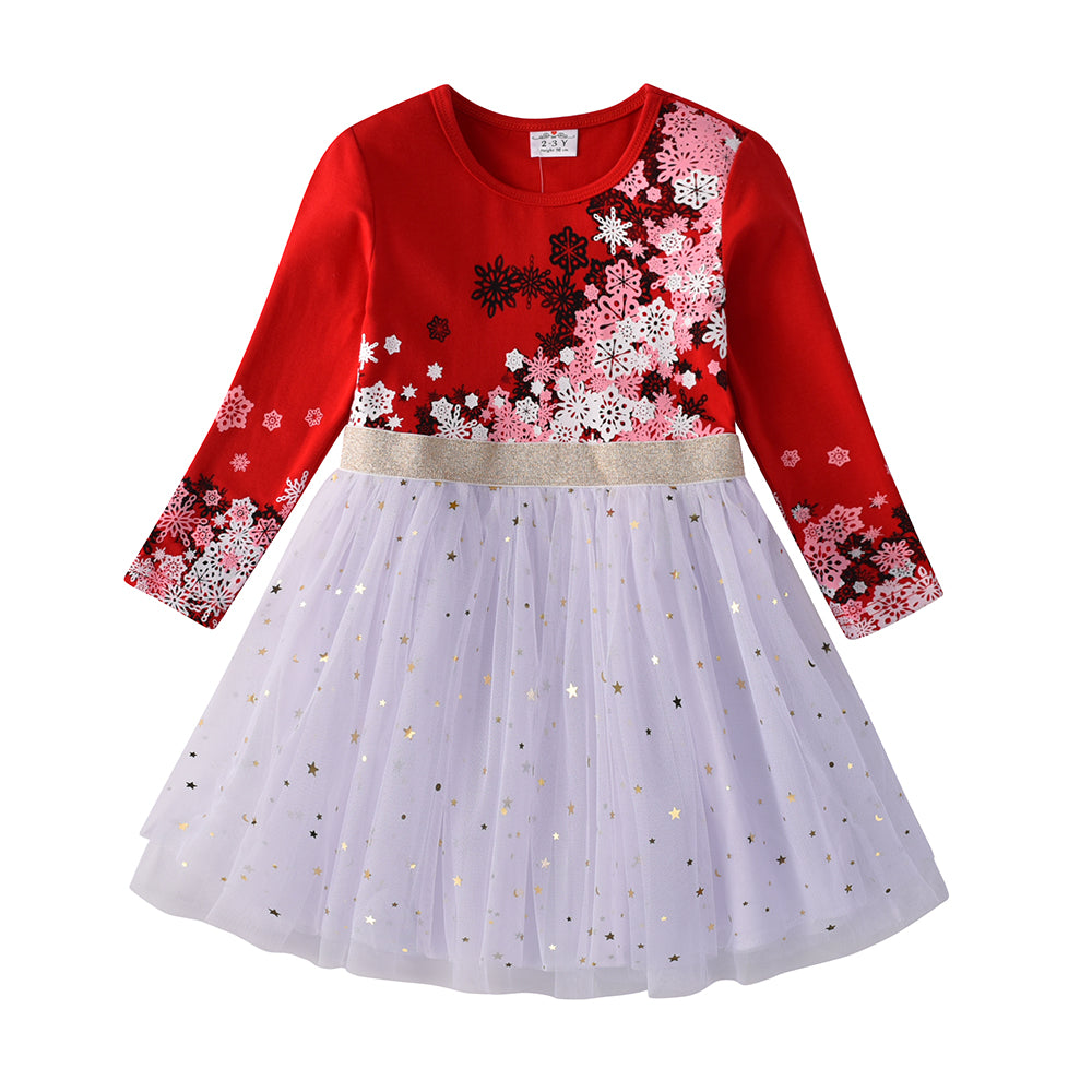 Snowflake Christmas Red Pattern Soft Star Tulle Tutut Dress for 3-8T