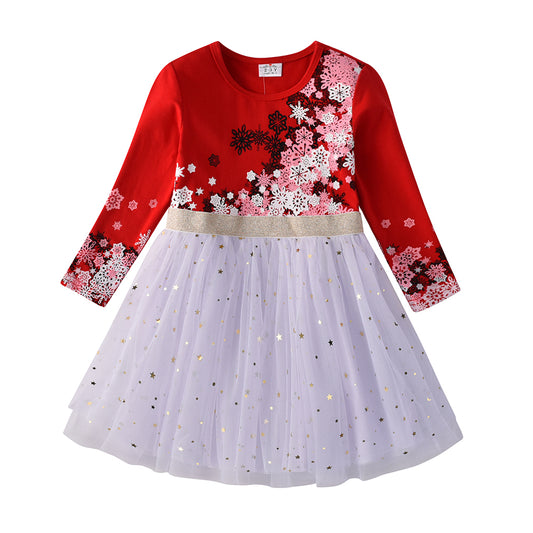 Snowflake Christmas Red Pattern Soft Star Tulle Tutut Dress for 3-8T