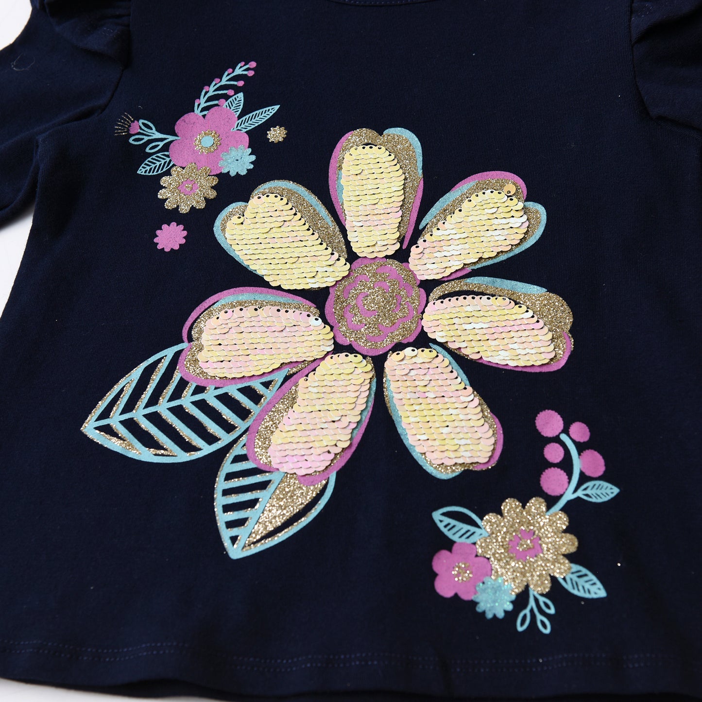 2pcs Girls Long Sleeve T-Shirts Set Rainbow Cotton T-Shirt + Sequins Flower Top