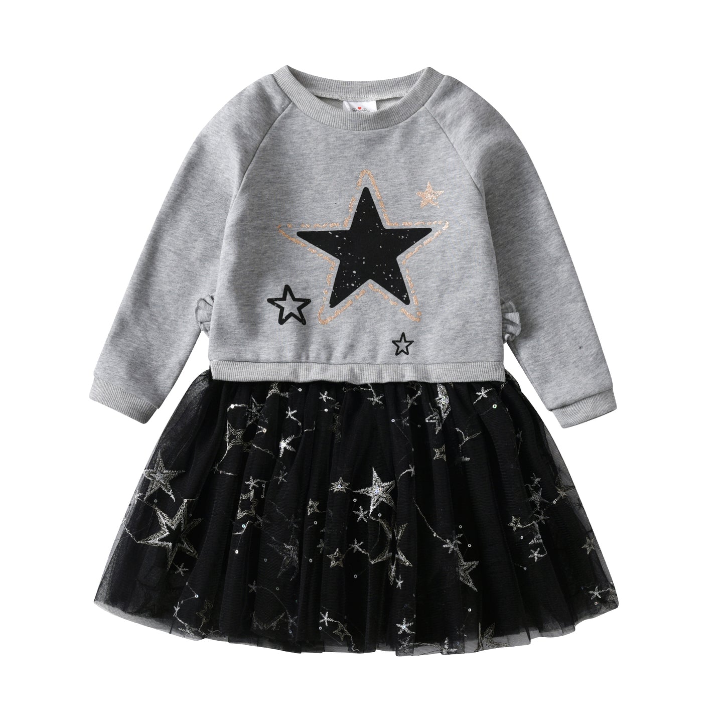 2Y-8Y Girls Casual Dress Star Pattern Tulle Tutu Girls Long Sleeve Dress