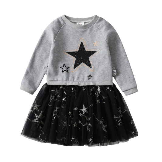 2Y-8Y Girls Casual Dress Star Pattern Tulle Tutu Girls Long Sleeve Dress