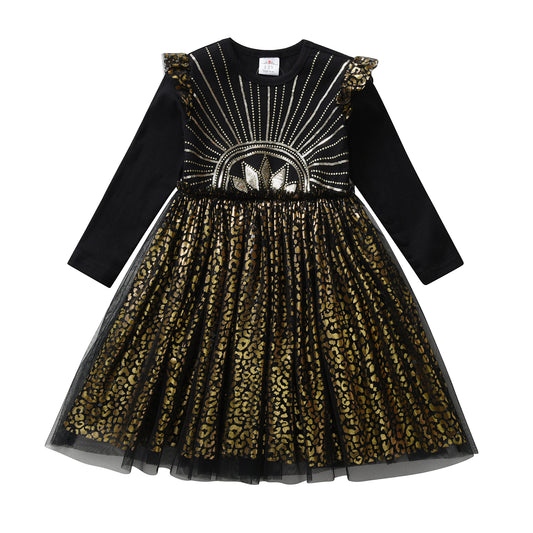 2Y-8Y Girls Tutu Dress Sequins Sunshine Sparkly Tulle Long Sleeve Dress