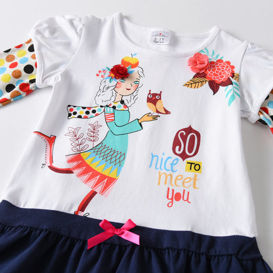 2Y-8Y Girls Casual Long Sleeve Dress 3D Flower with Little Girl Printed Cotton Dress