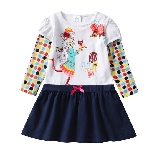 2Y-8Y Girls Casual Long Sleeve Dress 3D Flower with Little Girl Printed Cotton Dress