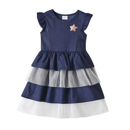 2Y-8Y Vikita Girls Casual Dress Denim Ruffle Short Sleeve Girl Toddler Dress