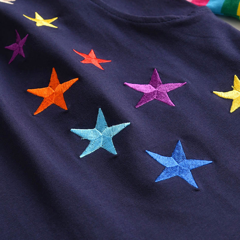 Colorful Star Butterfly with Rainbow Long Sleeve Cotton Girls Daily Casual Dress