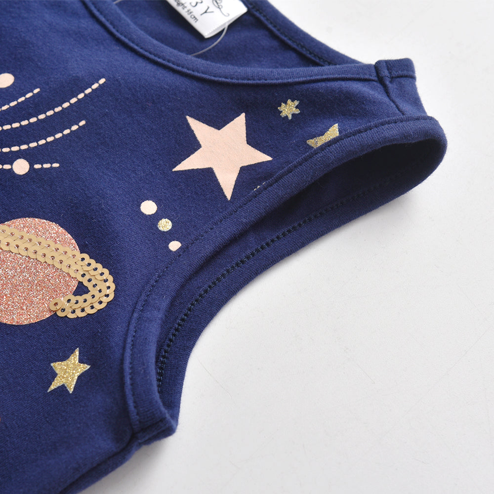 2Y-8Y Unicorn Planet Pattern Tulle Hem Sleeveless Cotton Girls Toddler Dress