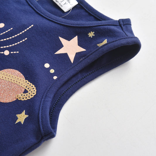 2Y-8Y Unicorn Planet Pattern Tulle Hem Sleeveless Cotton Girls Toddler Dress
