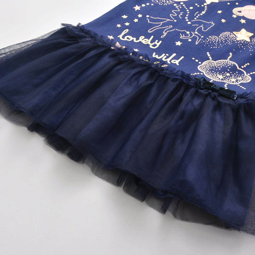 2Y-8Y Unicorn Planet Pattern Tulle Hem Sleeveless Cotton Girls Toddler Dress
