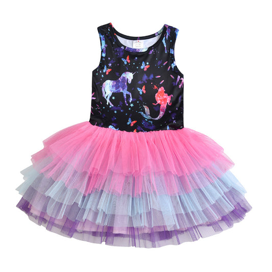 Colorful Tutu Girls Toddler Dress with Flower Fairy Printed for Daily Wear