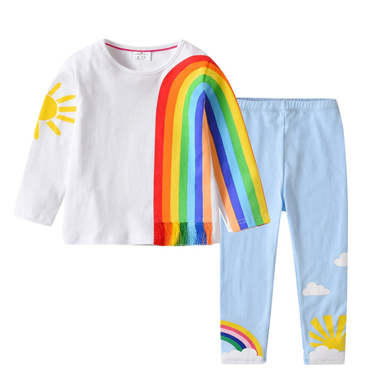 Sunshine Rainbow Pattern Cotton Long Sleeve T-Shirt + Blue Leggings Sets