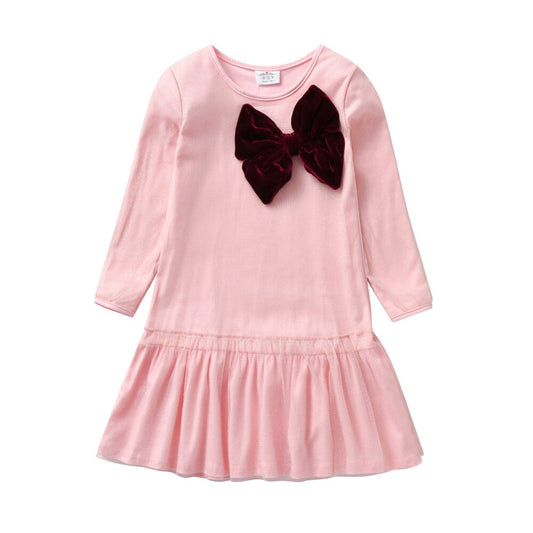 3D Butterfly Bow Girl Toddler Cotton Long Sleeve Dress for Daily School