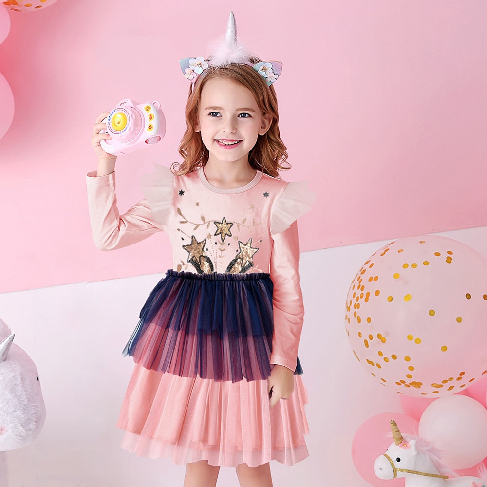 Super Star Sequined Lovely Girl Toddler Layered Long Sleeve Tutu Dress