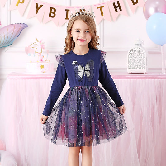 3-8T Princess Butterfly Sequined Toddler Tutu Girl Dress for Birthday Party