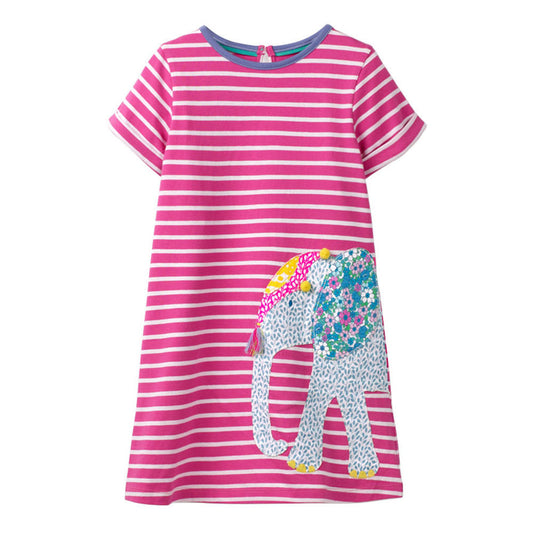 2Y-8Y Girls Short Sleeve Casual Dress Striped Elephant Cotton Dress