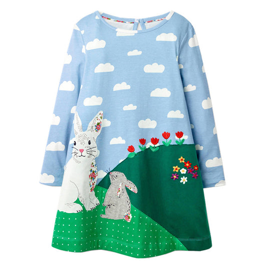 2-8Y Girls Long Sleeve Casual Dress Cute Rabbit White Cloud Girls Cotton Jersey Dress