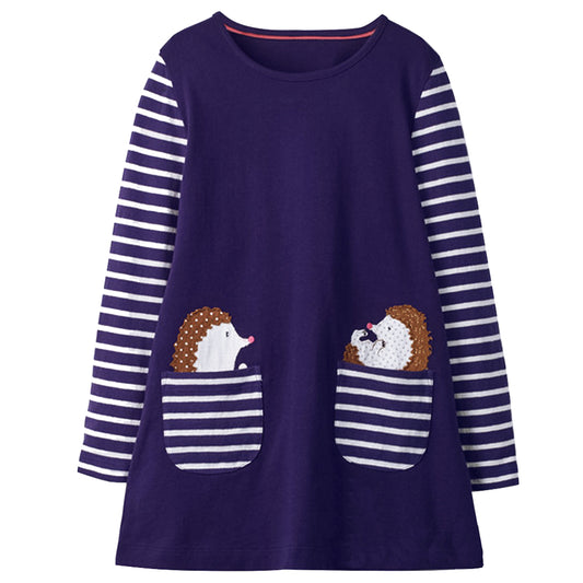 Purple A-Line Color Block Long Sleeve Toddler Causal Girl Dress