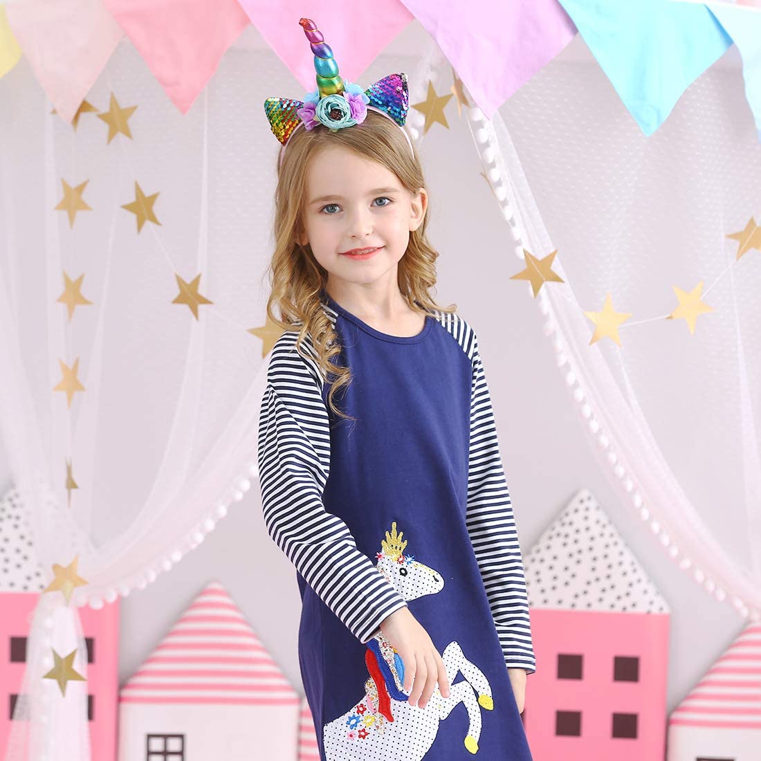 VIKITA Splicing Unicorn A Line Stripe Long Sleeve Girls Dress for Casual