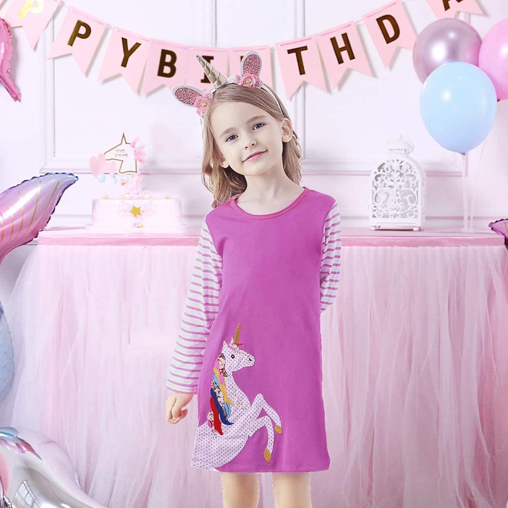 VIKITA Splicing Unicorn A Line Stripe Long Sleeve Girls Dress for Casual