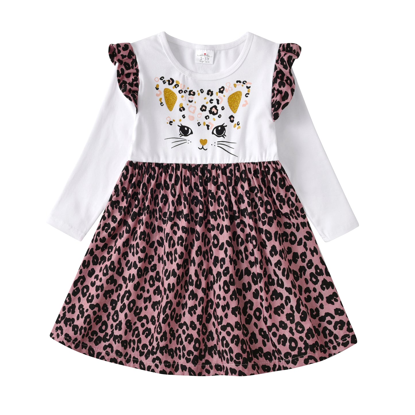 2-12Y Cute Cat Print Leopard Hem Long Sleeve Cotton Dress for Girls Toddler