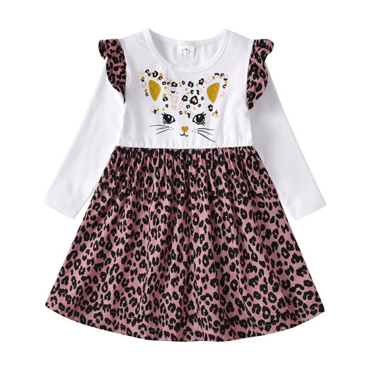 2-12Y Cute Cat Print Leopard Hem Long Sleeve Cotton Dress for Girls Toddler