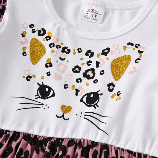 2-12Y Cute Cat Print Leopard Hem Long Sleeve Cotton Dress for Girls Toddler