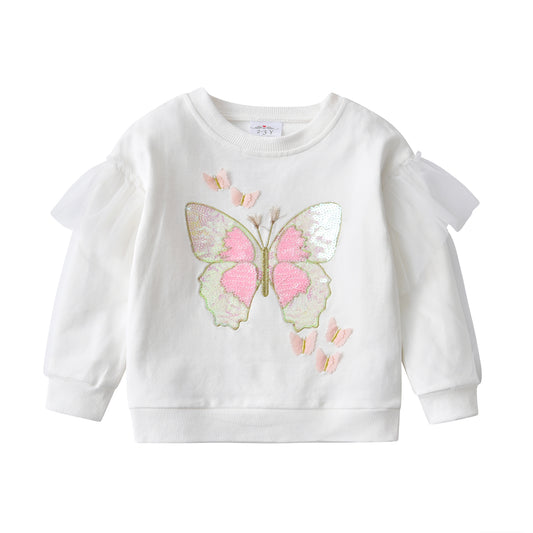 Sequins Butterfly White Sweatshirt Girl Toddler Long Sleeve Tops