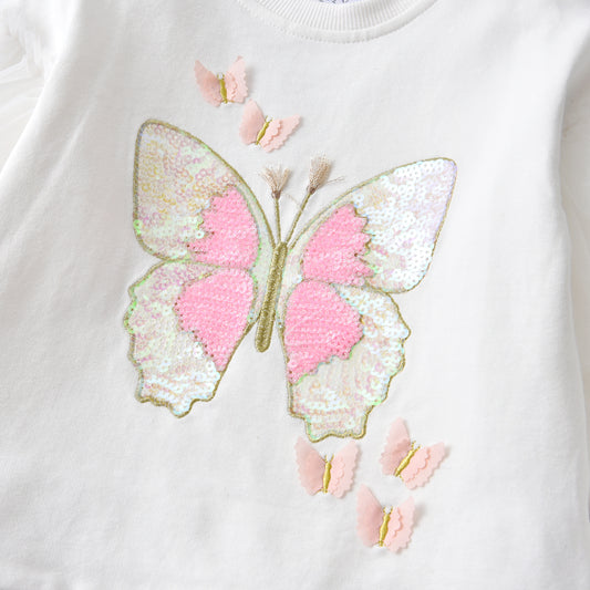 Sequins Butterfly White Sweatshirt Girl Toddler Long Sleeve Tops