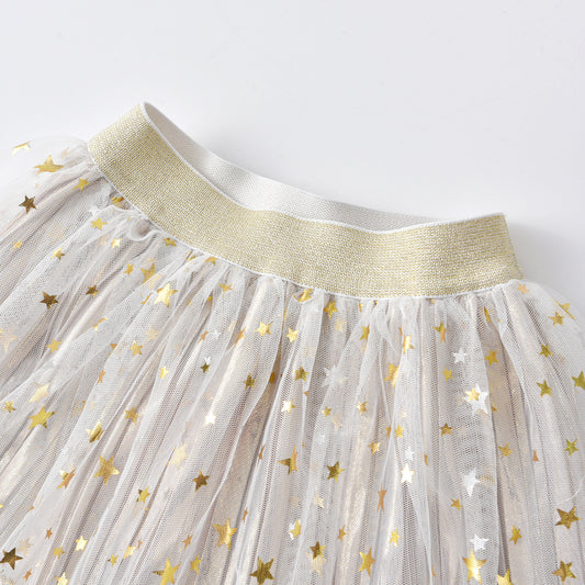 2Y-8Y Star Pattern White Gathered Tulle Tutu Skirts for Girls Toddler