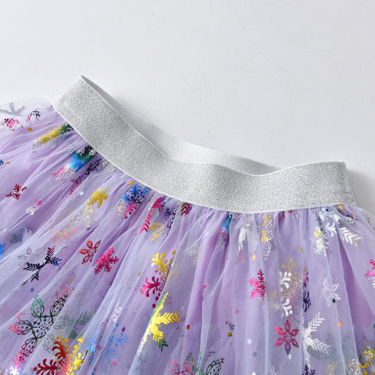 2Y-8Y Christmas Snowflake Pattern Purple Layered Tulle Tutu Skirts for Girls Toddler
