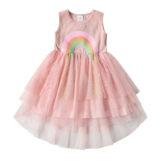 2Y-8Y Girls Sleeveless Dress Sequins Rainbow Pink Tulle Tutu Dress for Toddler Girl
