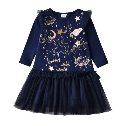 2Y-12Y Unicorn Planet Pattern Tulle Hem Long Sleeve Cotton Girls Toddler Dress