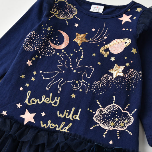 2Y-12Y Unicorn Planet Pattern Tulle Hem Long Sleeve Cotton Girls Toddler Dress