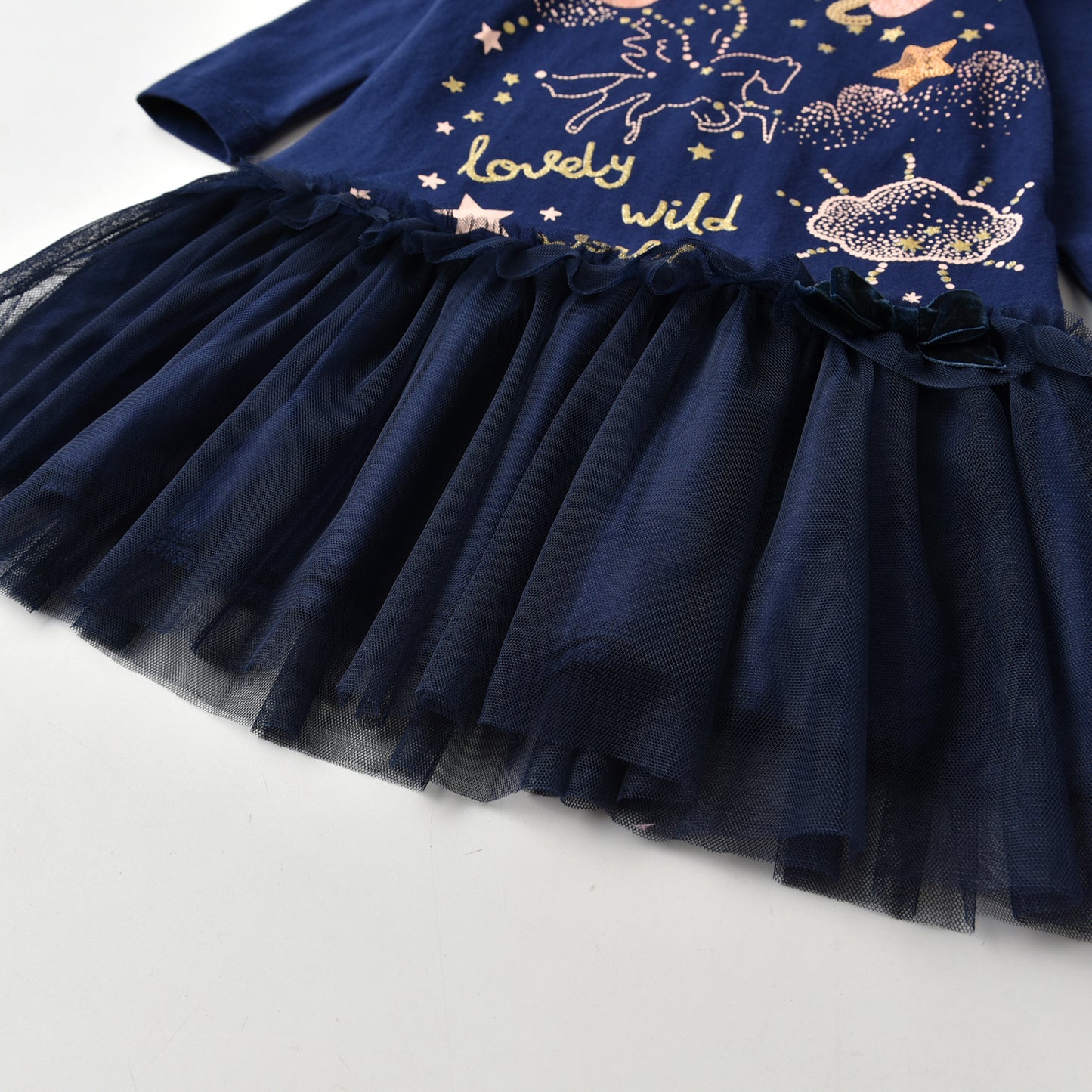 2Y-12Y Unicorn Planet Pattern Tulle Hem Long Sleeve Cotton Girls Toddler Dress