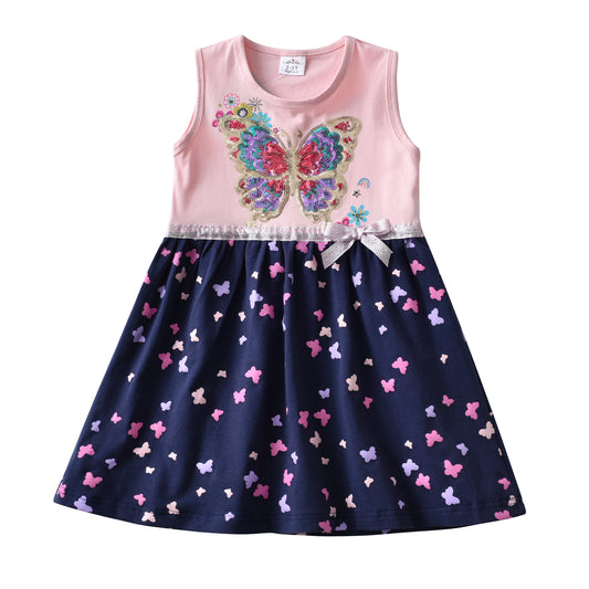 2Y-8Y Girl Short Sleeve Casual Dress Colorful Sequins Butterfly Cotton Dress for Toddler Girl