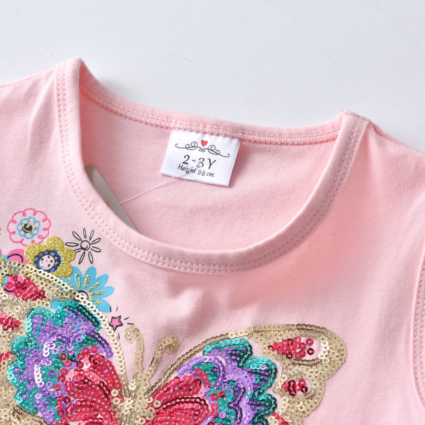 2Y-8Y Girl Short Sleeve Casual Dress Colorful Sequins Butterfly Cotton Dress for Toddler Girl