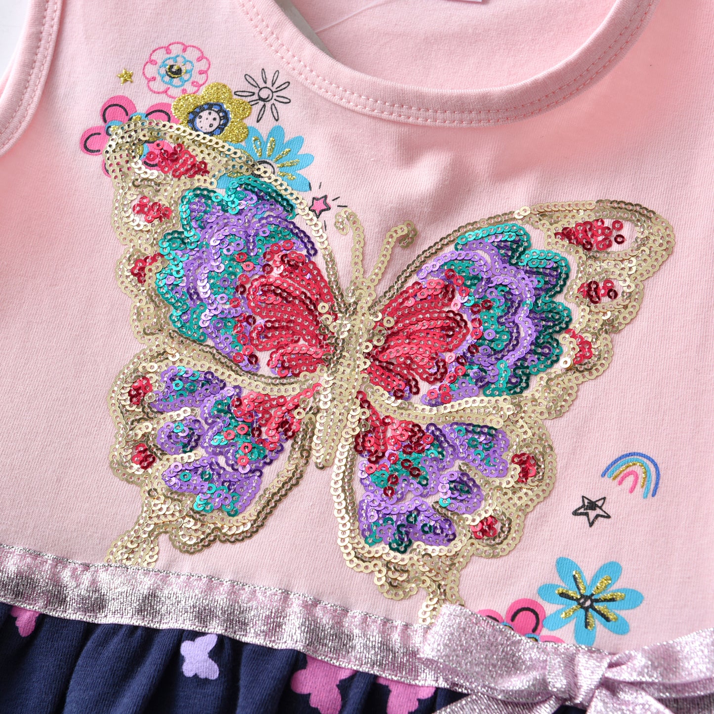 2Y-8Y Girl Short Sleeve Casual Dress Colorful Sequins Butterfly Cotton Dress for Toddler Girl
