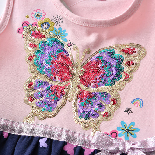 2Y-8Y Girl Short Sleeve Casual Dress Colorful Sequins Butterfly Cotton Dress for Toddler Girl