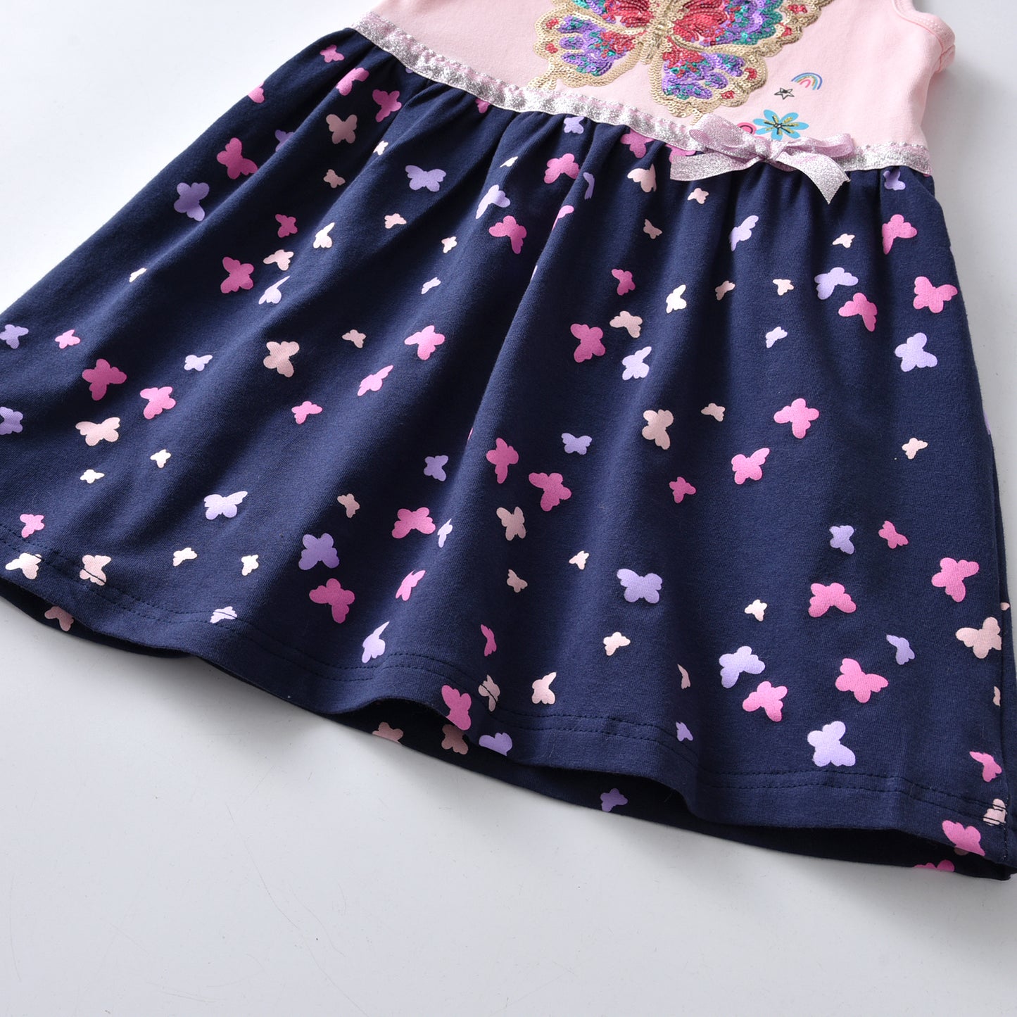 2Y-8Y Girl Short Sleeve Casual Dress Colorful Sequins Butterfly Cotton Dress for Toddler Girl