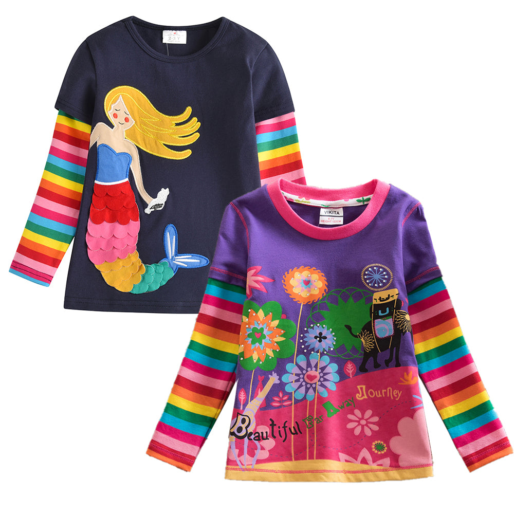 2PCS Girls Casual T-Shirts Set Rainbow Mermaid Top + Rainbow Flower Top