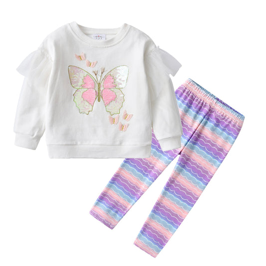 3-8T Vikita Sequins Butterfly Sweatshirt Long Sleeve Top and Mermaid Pants Sets