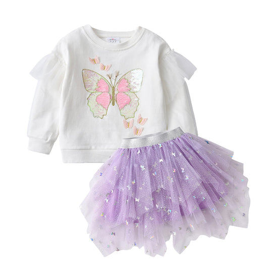 3-8T Vikita Sequins Butterfly Sweatshirt Top and Purple Butterfly Tulle Skirt Set for Girl