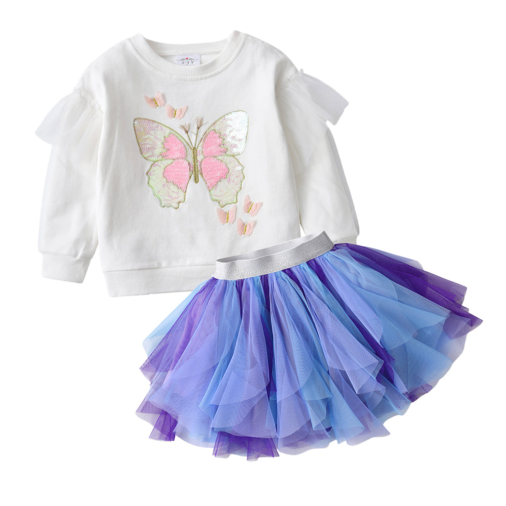 3-8T Vikita Sequins Butterfly Sweatshirt Top and Purple Gathered Tulle Skirt Set