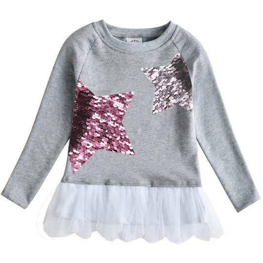 2Y-12Y Girls Sweatshirt Sequins Big Star Tulle Long Sleeve Sweatshirt Top