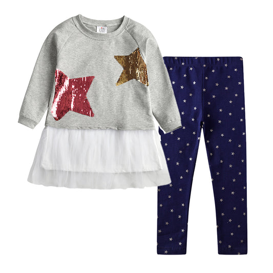 2Y-8Y Girls Clothing Sets Sequins Star Sweatshirt + Girls Little Star Skinny Leggings