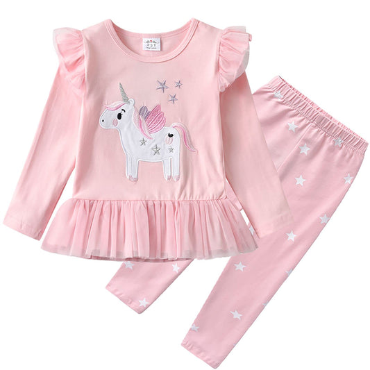 2Y-8Y Girls Clothing Sets Cute Unicorn Ruffle Tops + Star Skinny Leggings Pant